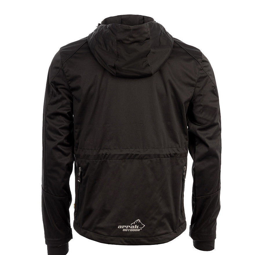 Arrak Men's Akka Softshell Jacket Black Back with multiple pockets, water repellent for dog walking