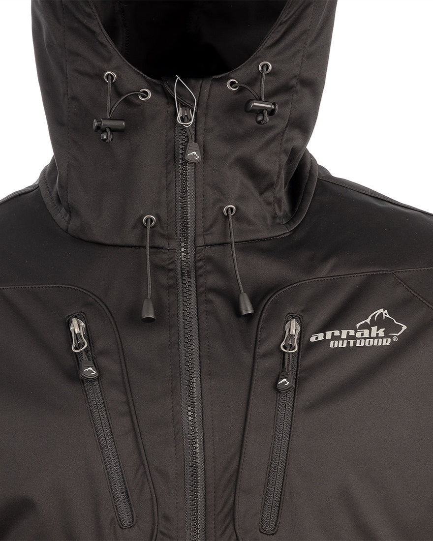 Arrak Men's Akka Softshell Jacket Black Chest with multiple pockets, water repellent for dog walking