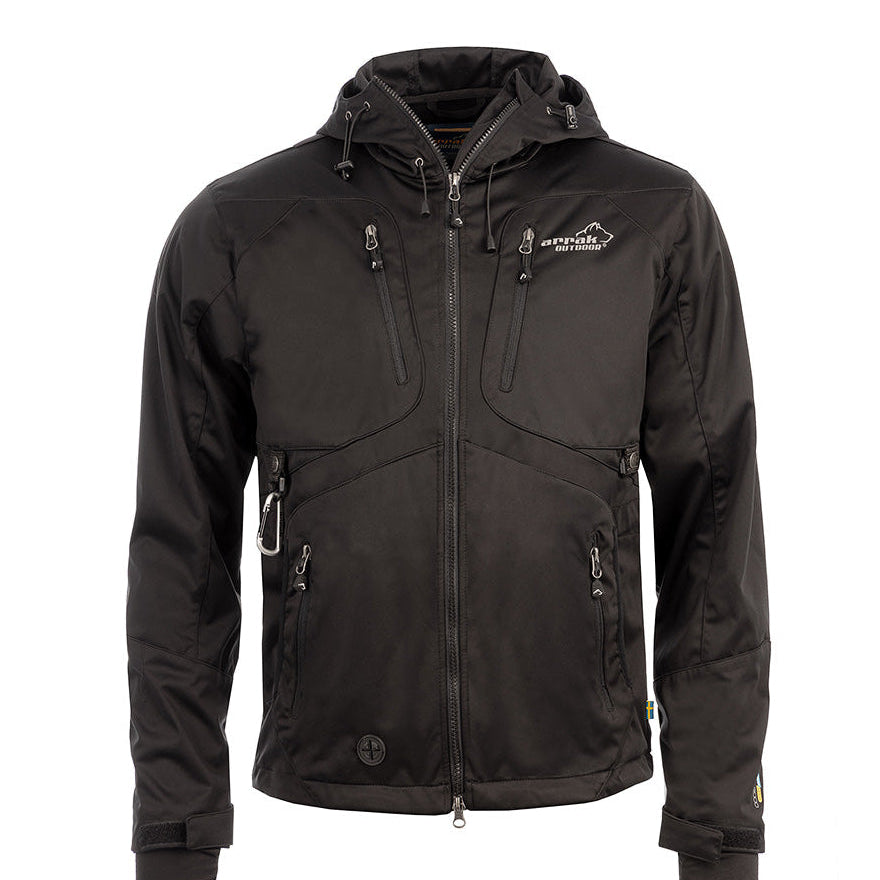 Arrak Men's Akka Softshell Jacket Black Front with multiple pockets, water repellent for dog walking