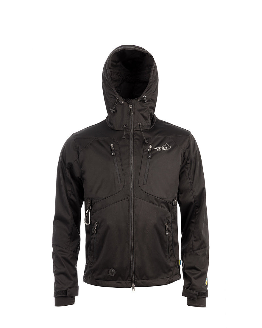 Arrak Men's Akka Softshell Jacket Black Front with Hood with multiple pockets, water repellent for dog walking