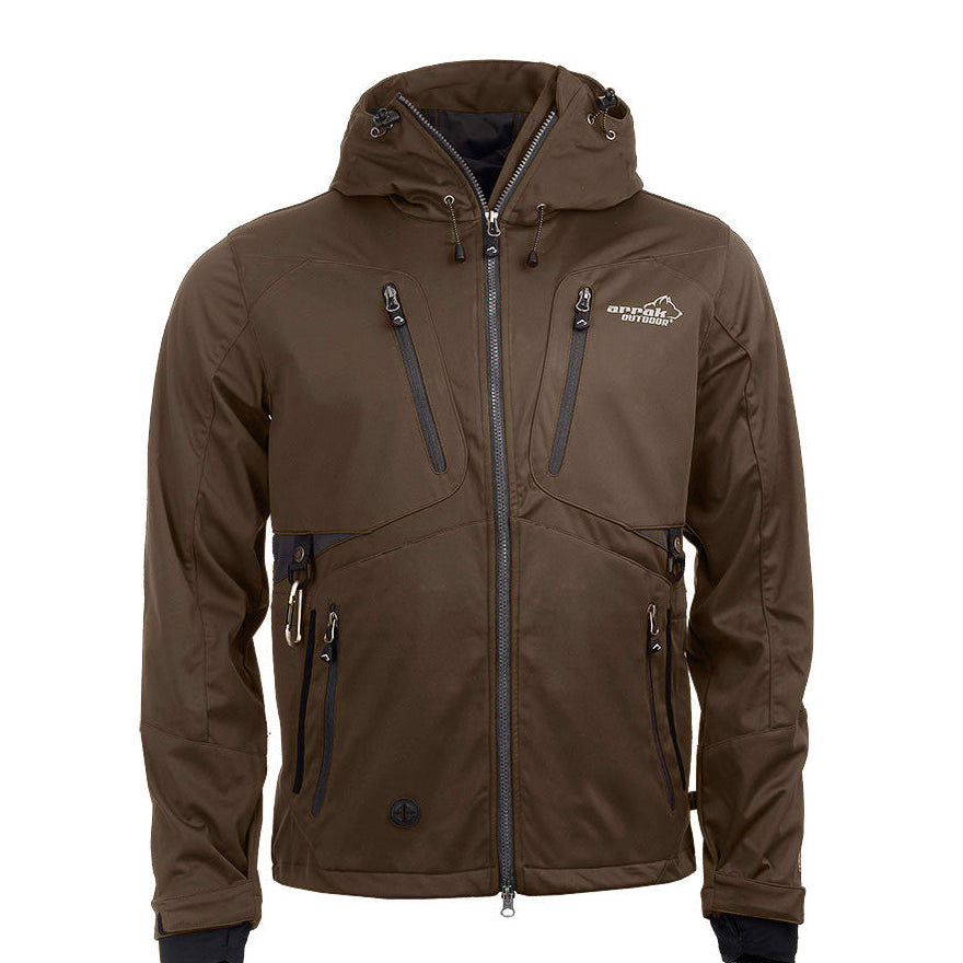 Arrak Men's Akka Softshell Jacket Brown Front with multiple pockets, water repellent for dog walking