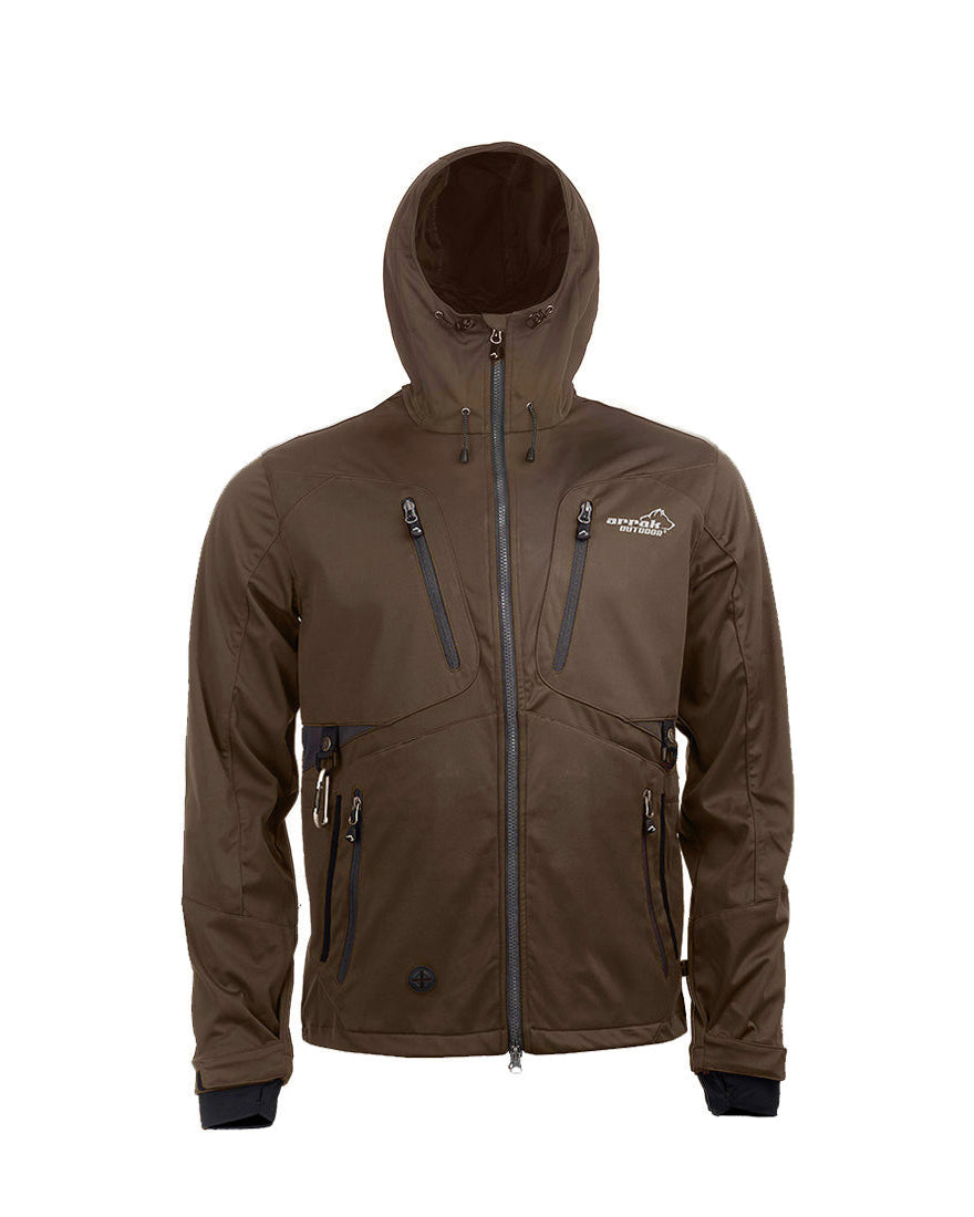 Arrak Men's Akka Softshell Jacket Brown Front with Hood with multiple pockets, water repellent for dog walking