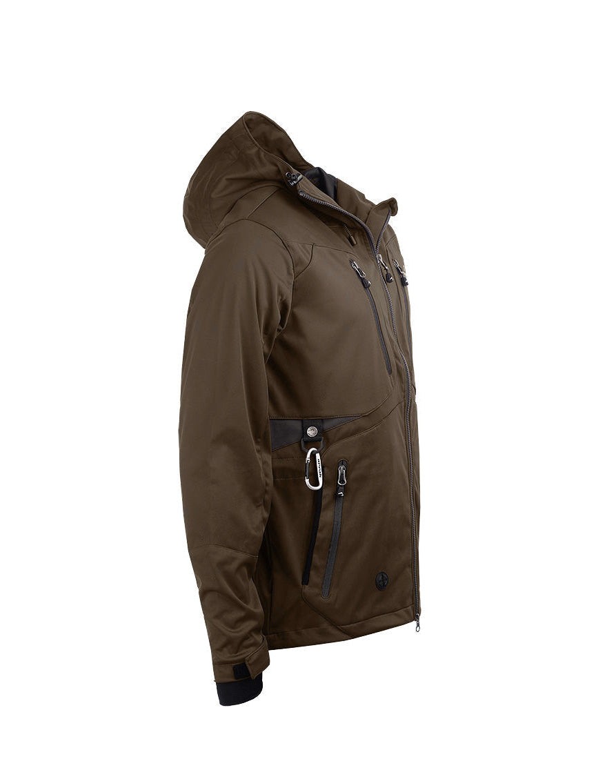 Arrak Men's Akka Softshell Jacket Brown Side with multiple pockets, water repellent for dog walking