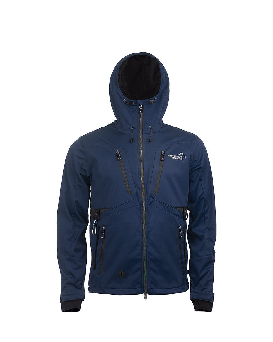 Arrak Men's Akka Softshell Jacket Navy Front with Hood with multiple pockets, water repellent for dog walking