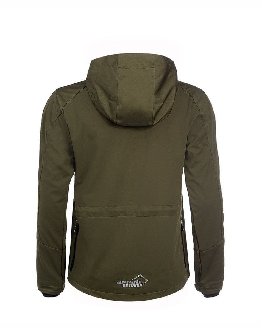 Arrak Men's Akka Softshell Jacket Olive Back with multiple pockets, water repellent for dog walking