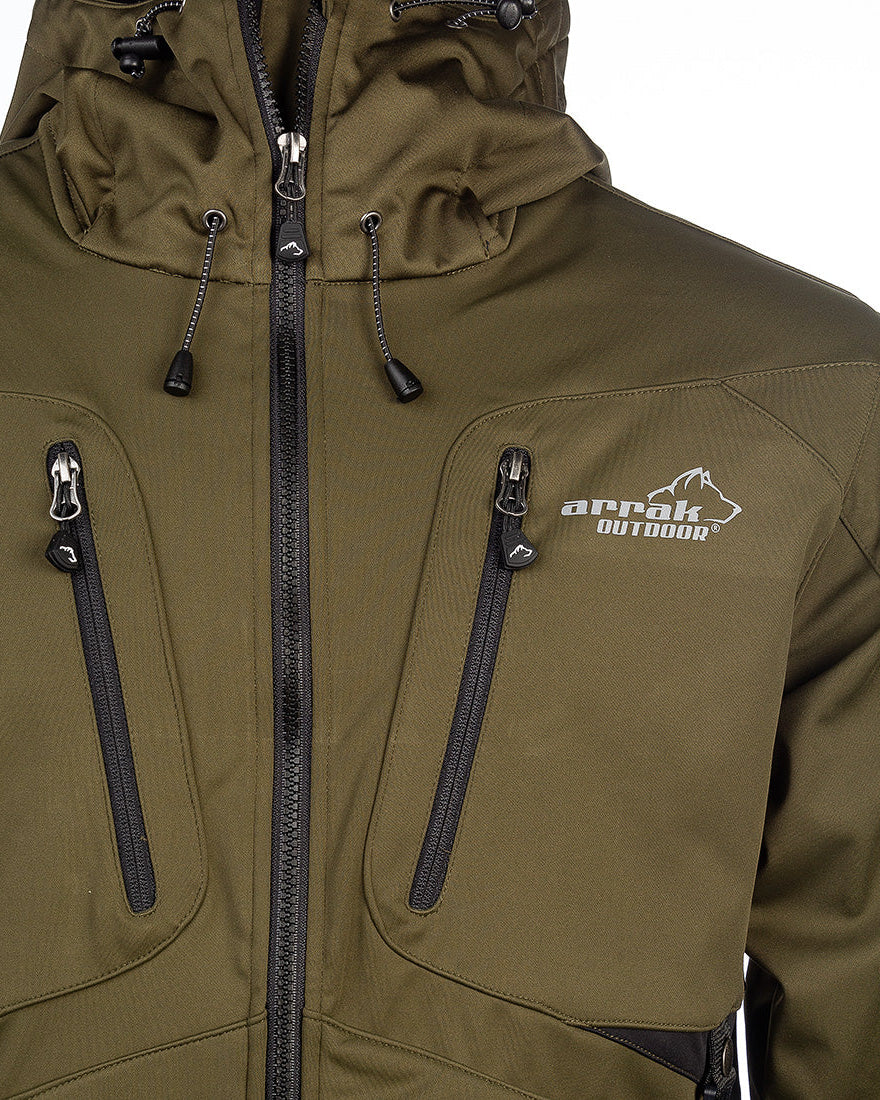 Arrak Men's Akka Softshell Jacket Olive Chest with multiple pockets, water repellent for dog walking