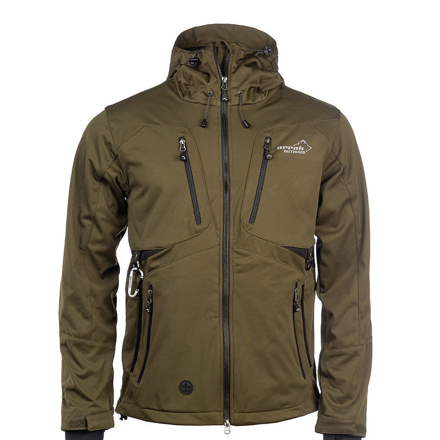 Arrak Men's Akka Softshell Jacket Olive Front with multiple pockets, water repellent for dog walking