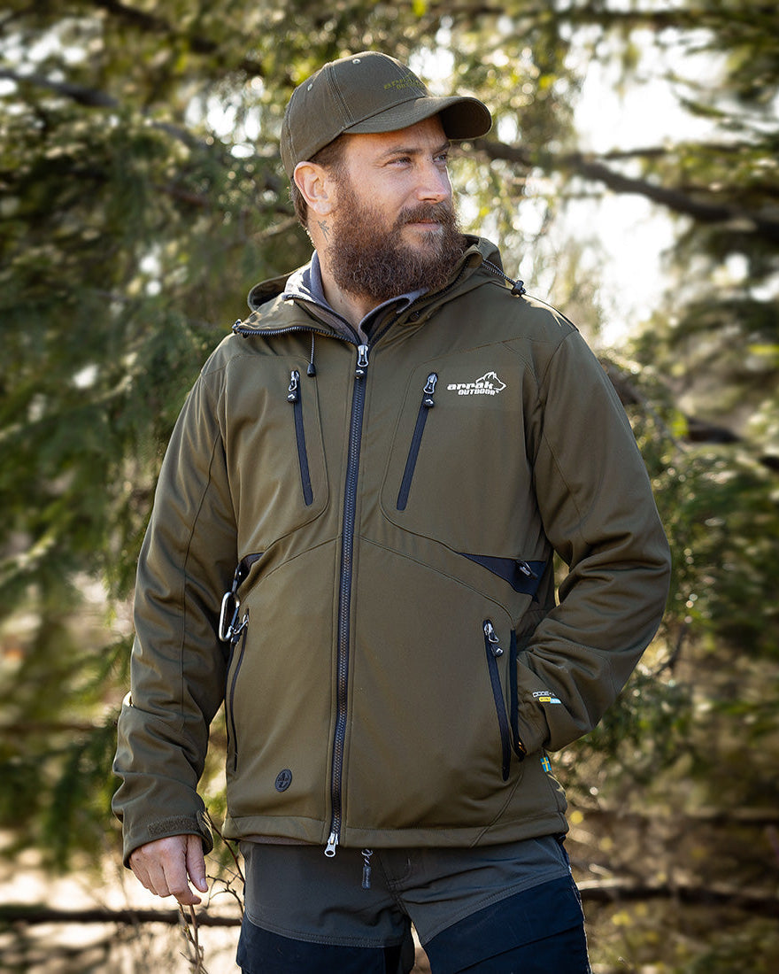 Arrak Men's Akka Softshell Jacket Olive Front Man with multiple pockets, water repellent for dog walking