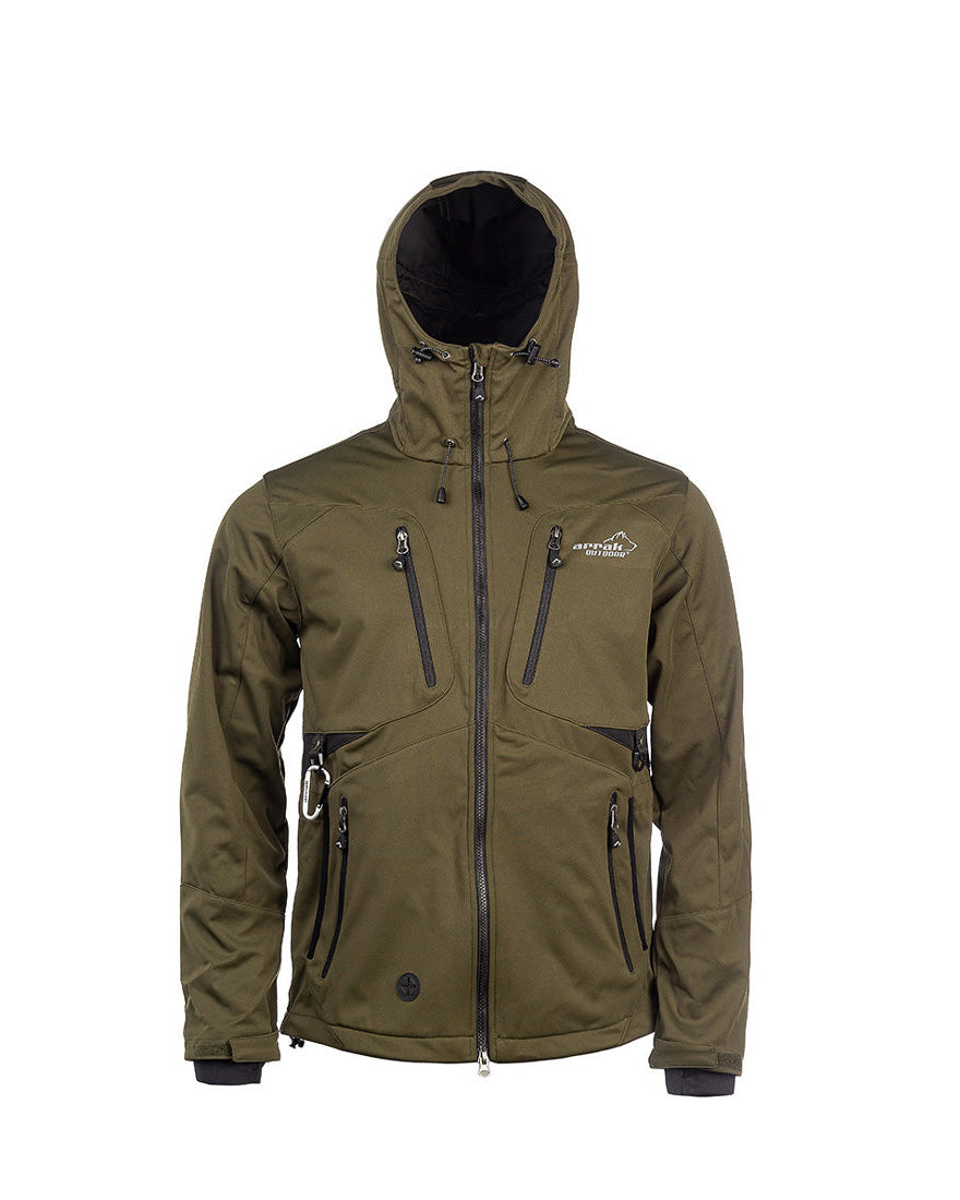 Arrak Men's Akka Softshell Jacket Olive Front with Hood with multiple pockets, water repellent for dog walking