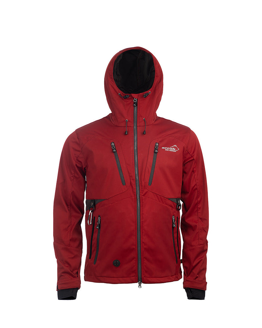 Arrak Men's Akka Softshell Jacket Red Front with Hood with multiple pockets, water repellent for dog walking