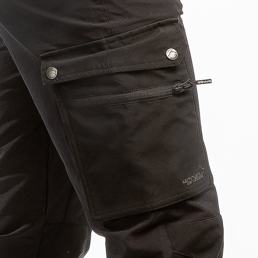 Arrak Men's Motion Flex Trousers Black pocket detail waterproof, stretchy, with multiple pockets, with belt.