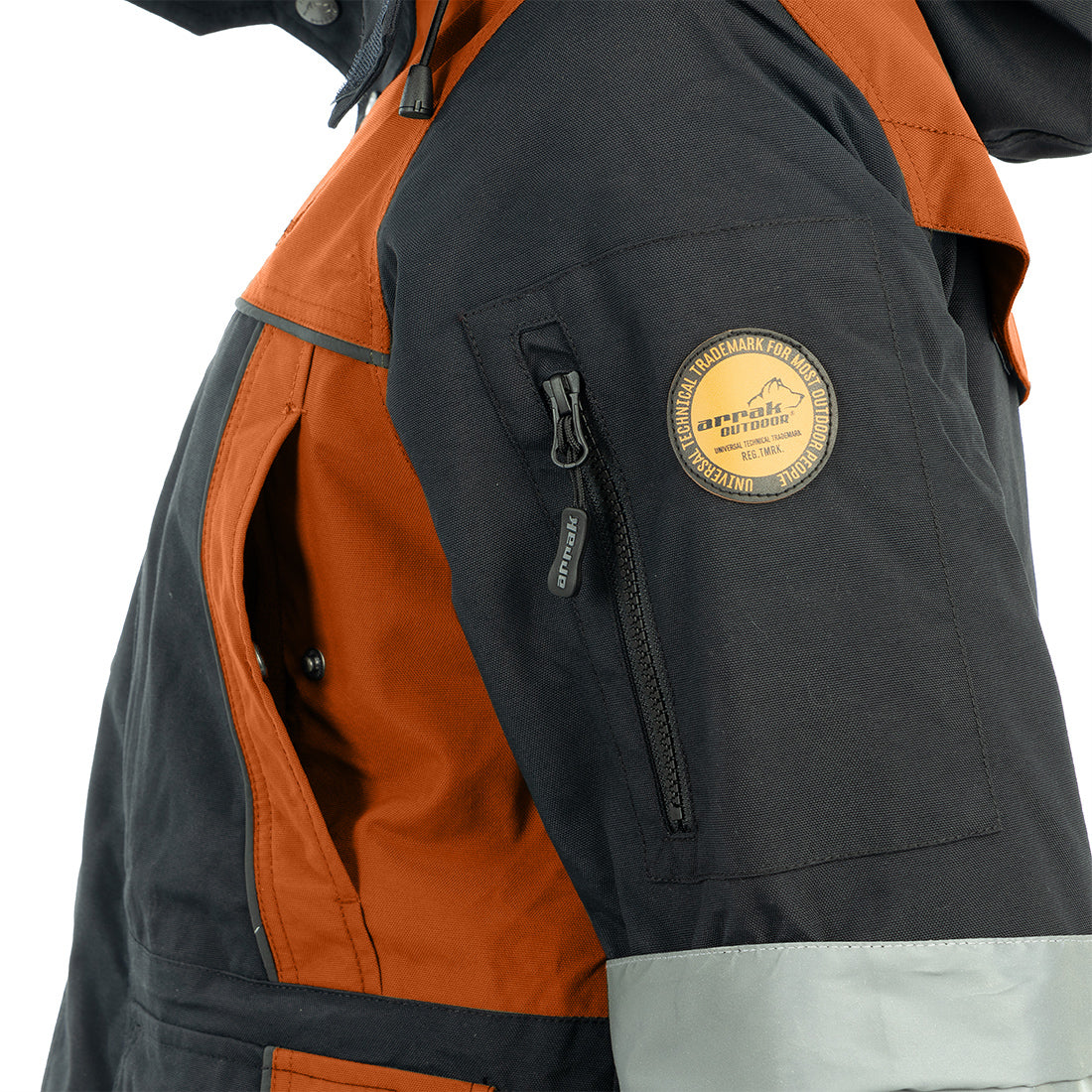 Arrak Men's Original Jacket Orange Gray Arm pocket detail, waterproof for the outdoor dog owner