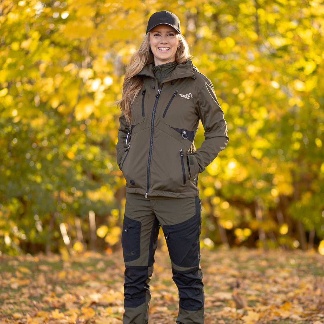 Arrak Women's Active Stretch Trousers Olive model front durable, stretchy, with multiple pockets, water repellent.