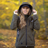 Arrak Women's Akka Softshell Jacket Olive Lady Front with Hood with multiple pockets, water repellent for dog walking