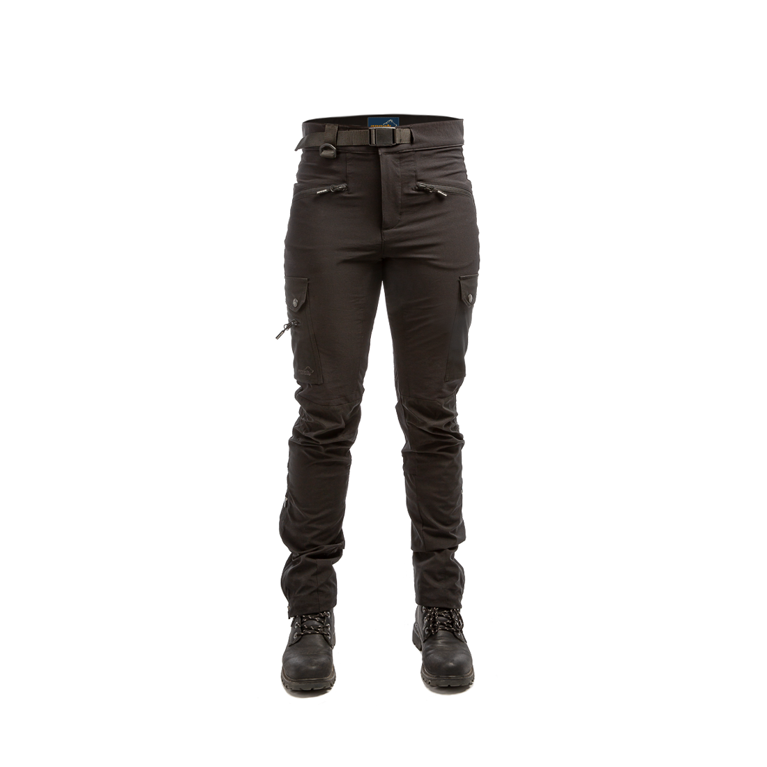 Arrak Women's Motion Flex Trousers Black front waterproof, stretchy, with multiple pockets, with belt.