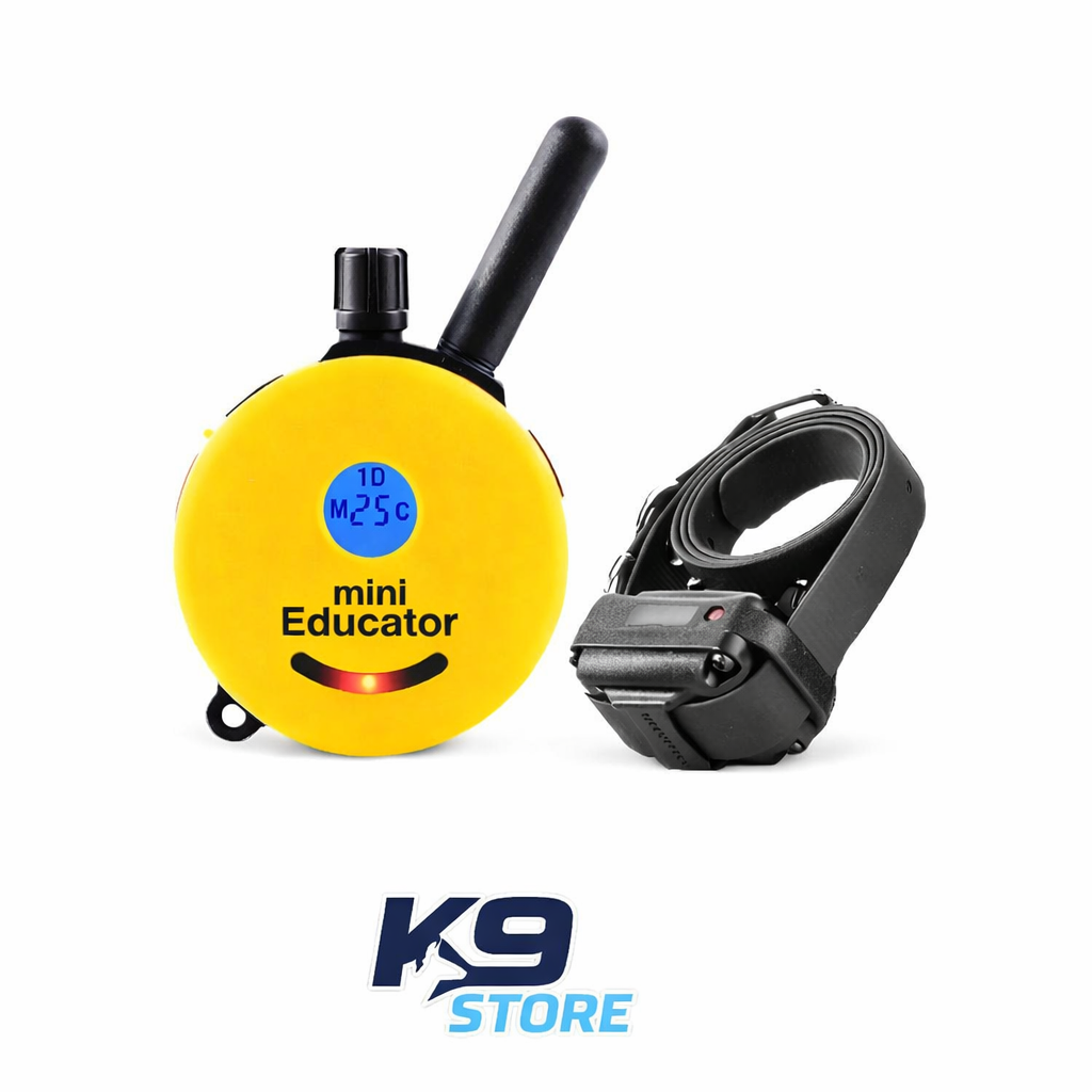 Yellow 'mini Educator' dog training device with black collar on a white background, featuring K9 Store logo.