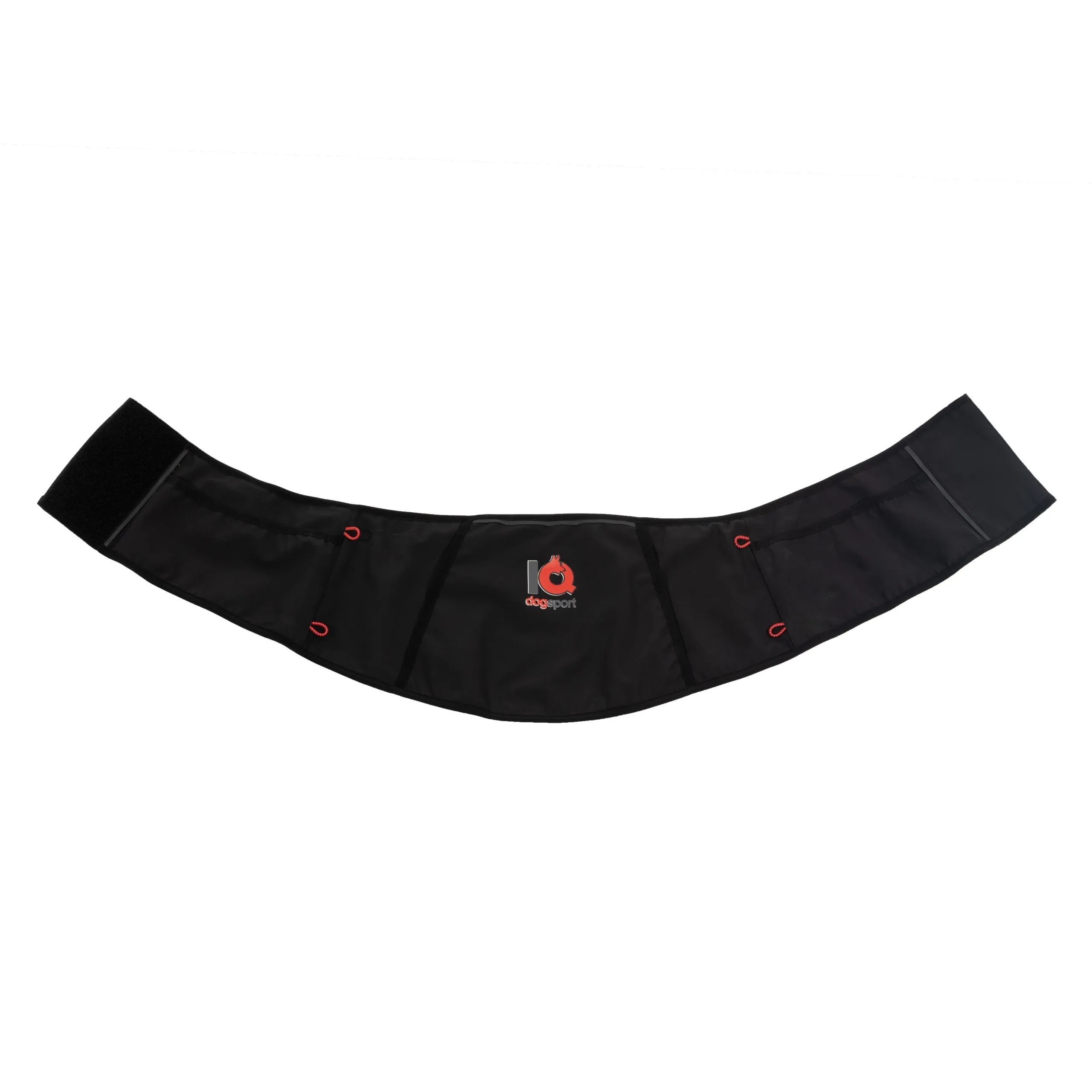 Black dog training skirt with red accents on a white background