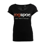 Black t-shirt with 'dogsport more than a passion' text on a white background