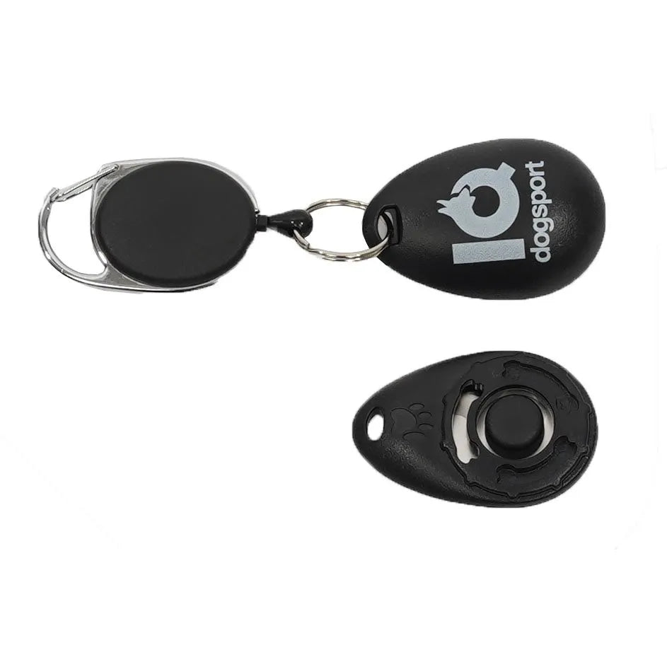 Two black dog training clickers with a visible brand logo on a white background
