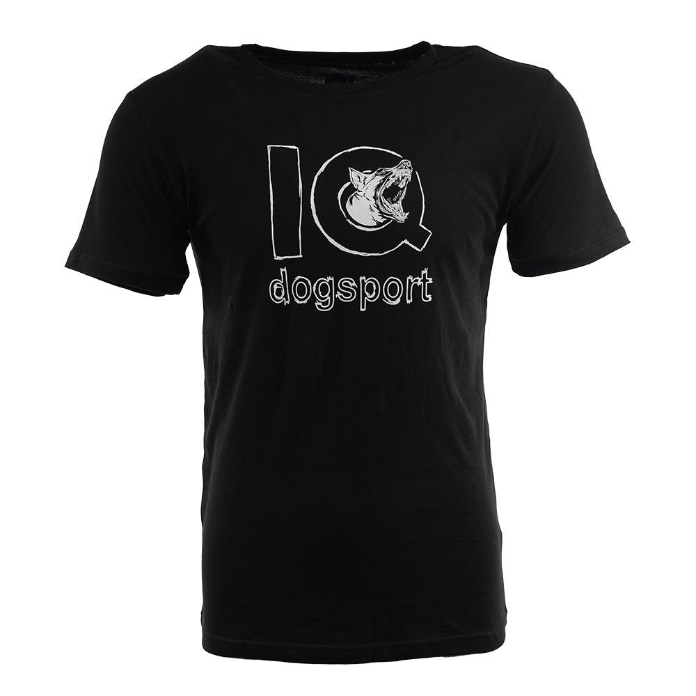 Black t-shirt with 'IQ dogsport' logo on a white background