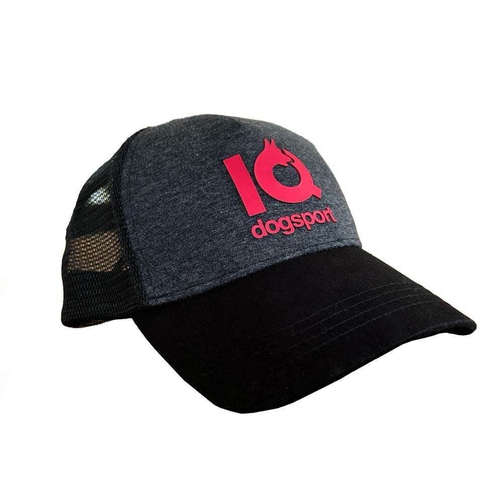 Gray and black cap with red logo on a white background