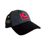 Gray and black cap with red logo on a white background