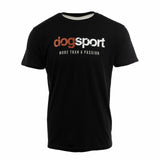 Black t-shirt with 'dog sport More than a Passion' text on a white background