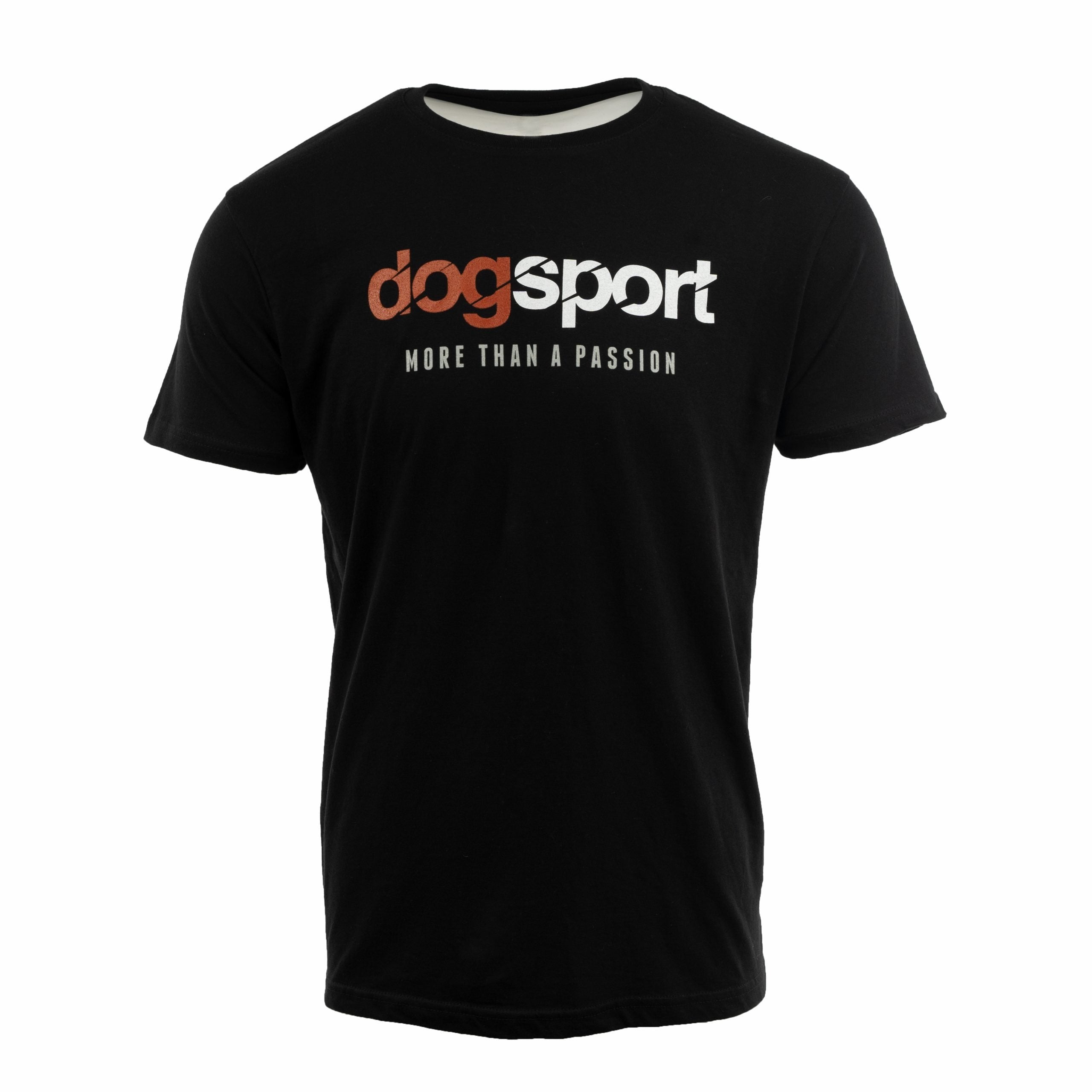 Black t-shirt with 'dog sport More than a Passion' text on a white background