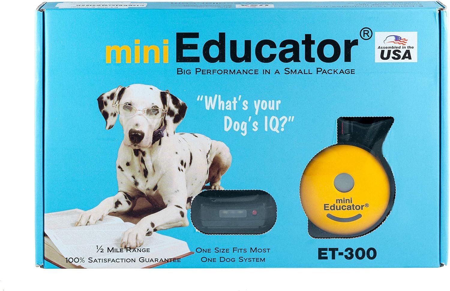 miniEducator dog training device packaging with a Dalmatian dog on a blue background