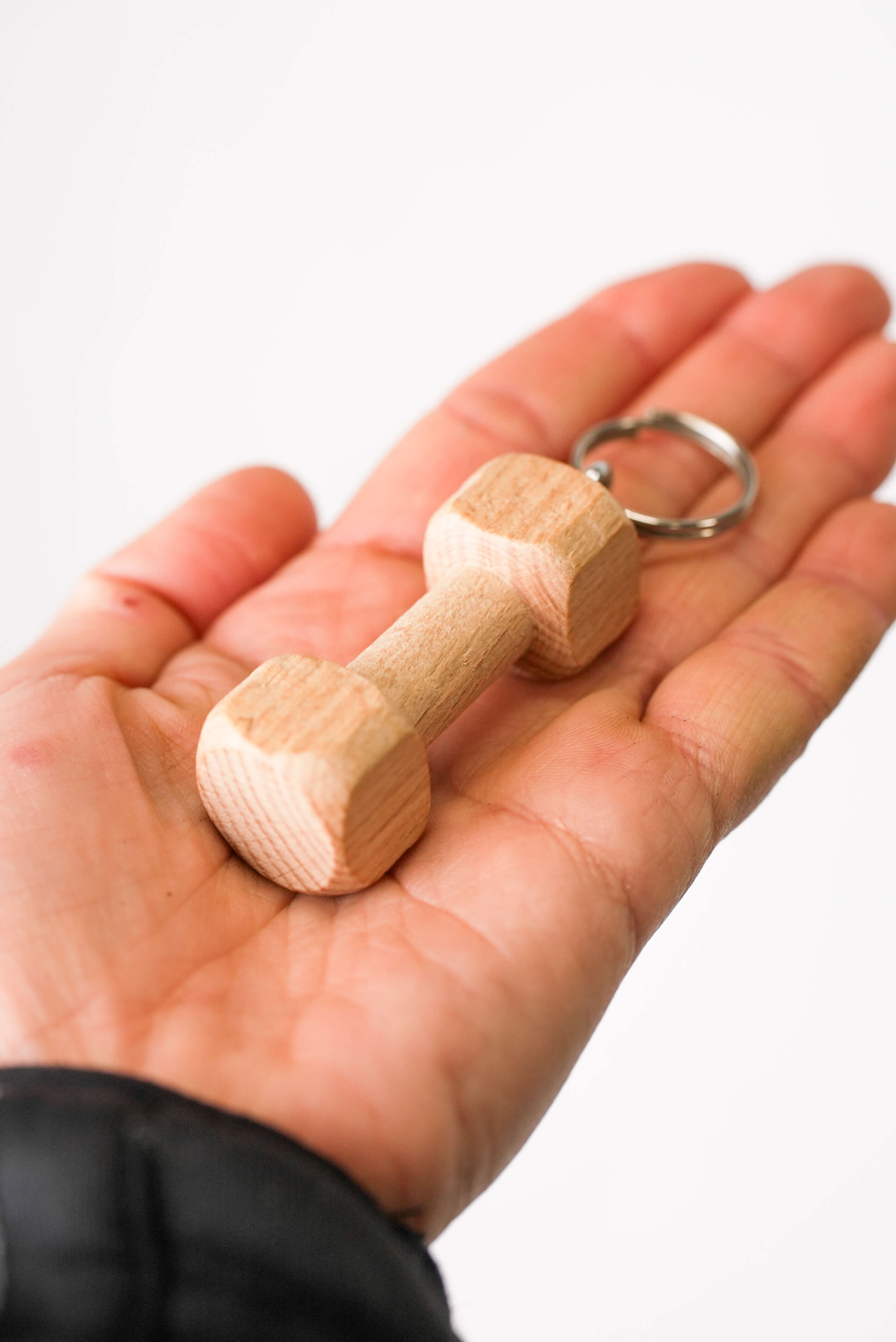 Schweikert Wooden Dumbbell Keyring lifesize comparison